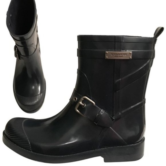 Coach Lester Navy Shiny Rubber Logo Boots - Picture 1 of 5